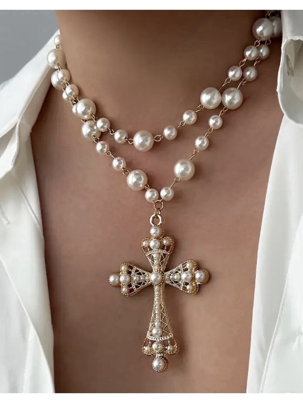 Beautiful Faux Pearl Cross Necklace 16-22”